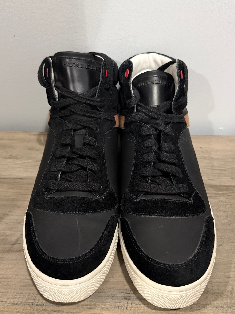Burberry Black High-Top Leather & Suede Sneakers with Cream Soles